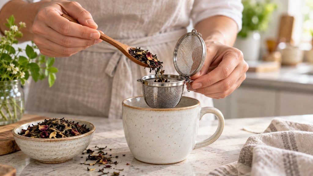 Infuseur à thé en situation, en gros plan