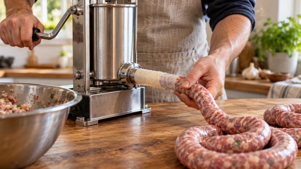 Poussoir à saucisses en situation, en gros plan