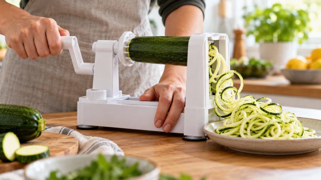 Spiraliseur de légumes en situation, en gros plan