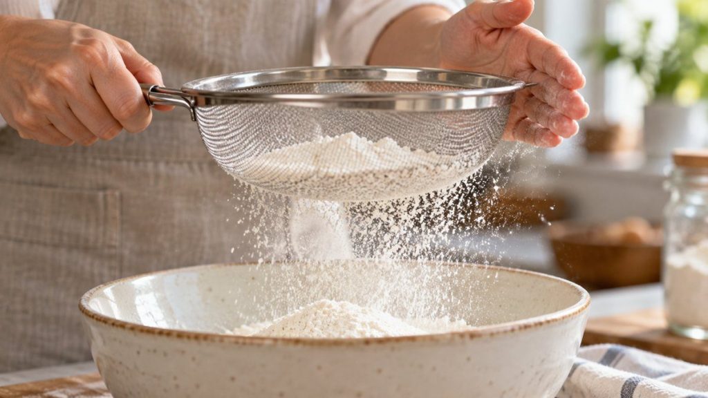 Tamis de cuisine en situation, en gros plan