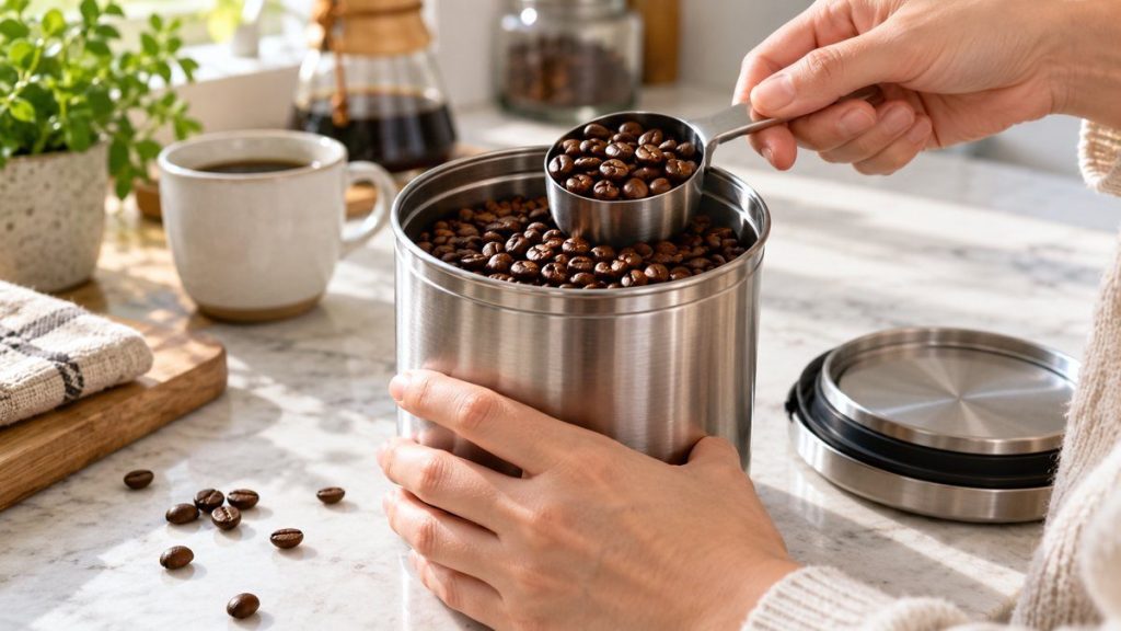 Boîte à café en situation, en gros plan