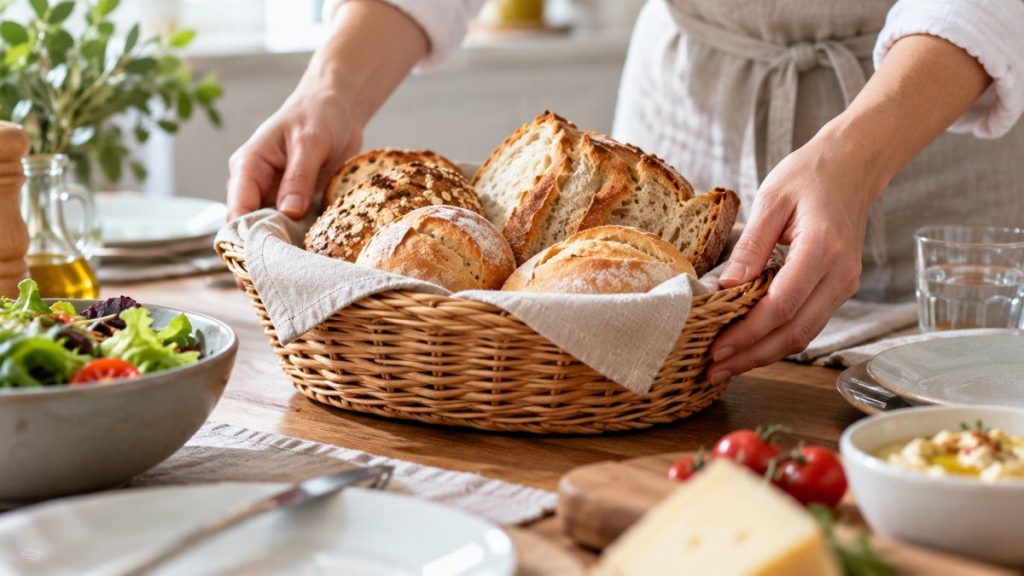 Corbeille à pain en situation, en gros plan