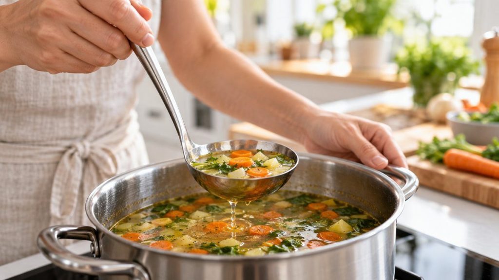 Louche de cuisine en situation, en gros plan