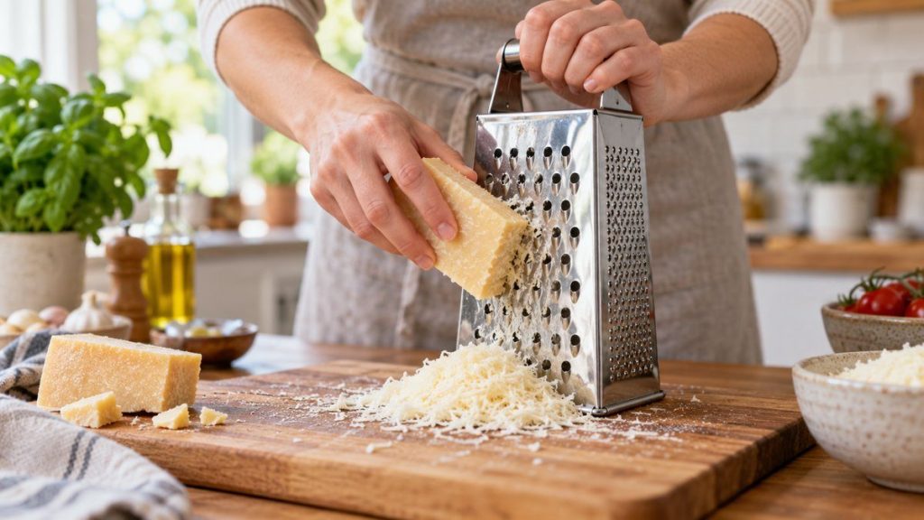 Râpe à fromage en situation, en gros plan