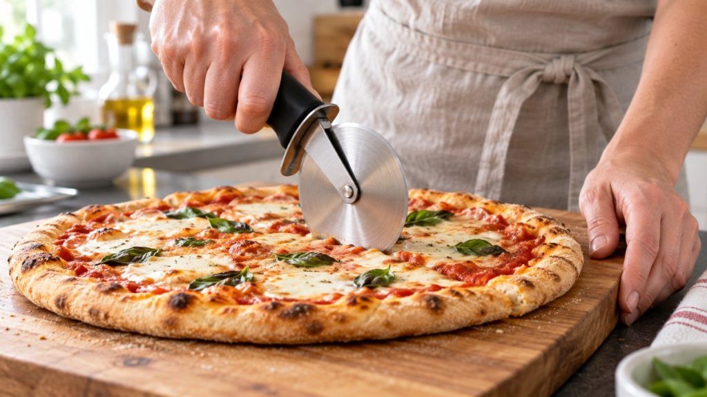Roulette à pizza en situation, en gros plan