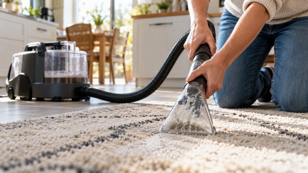 Nettoyeur de tapis en situation, en gros plan