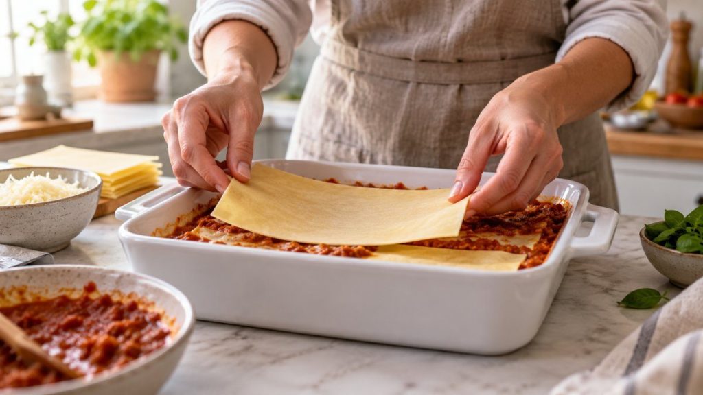 Plat à lasagnes en situation, en gros plan