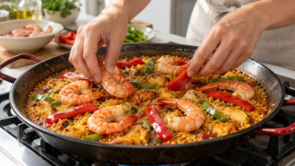 Plat à paella en situation, en gros plan