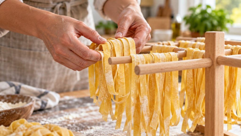 Séchoir à pâtes en situation, en gros plan