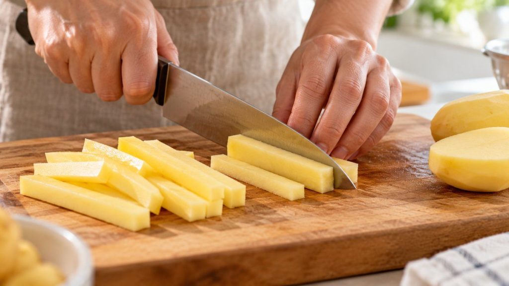 Couper des frites en situation, en gros plan