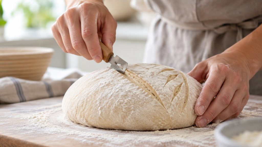 Lame de boulanger en situation, en gros plan