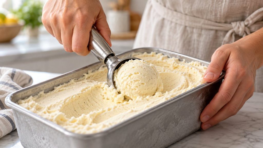 Cuillère à glace en situation, en gros plan