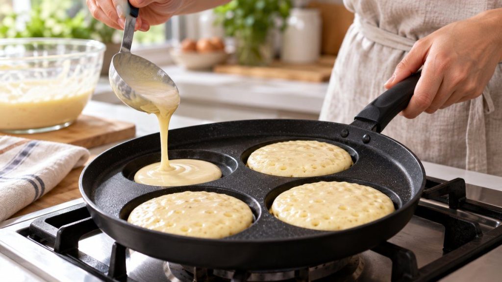Poêle à pancakes en situation, en gros plan