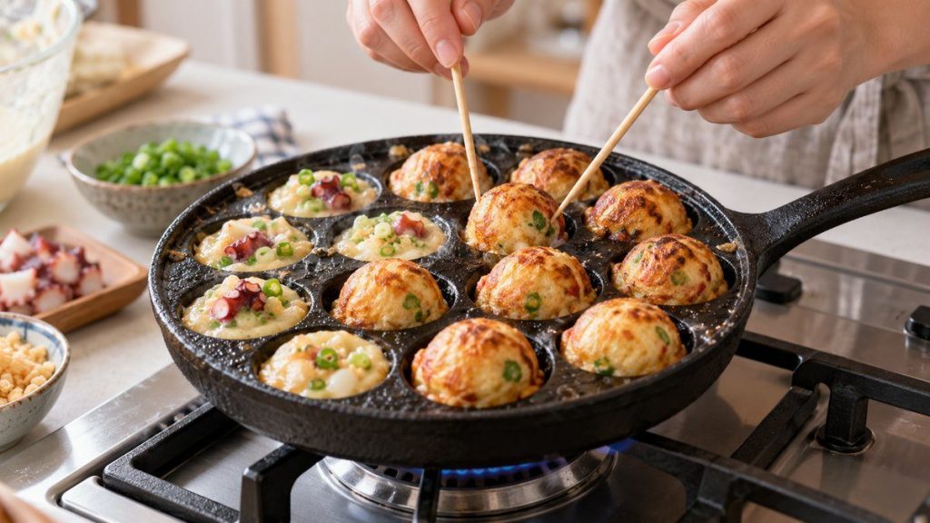 Poêle à takoyaki en situation, en gros plan