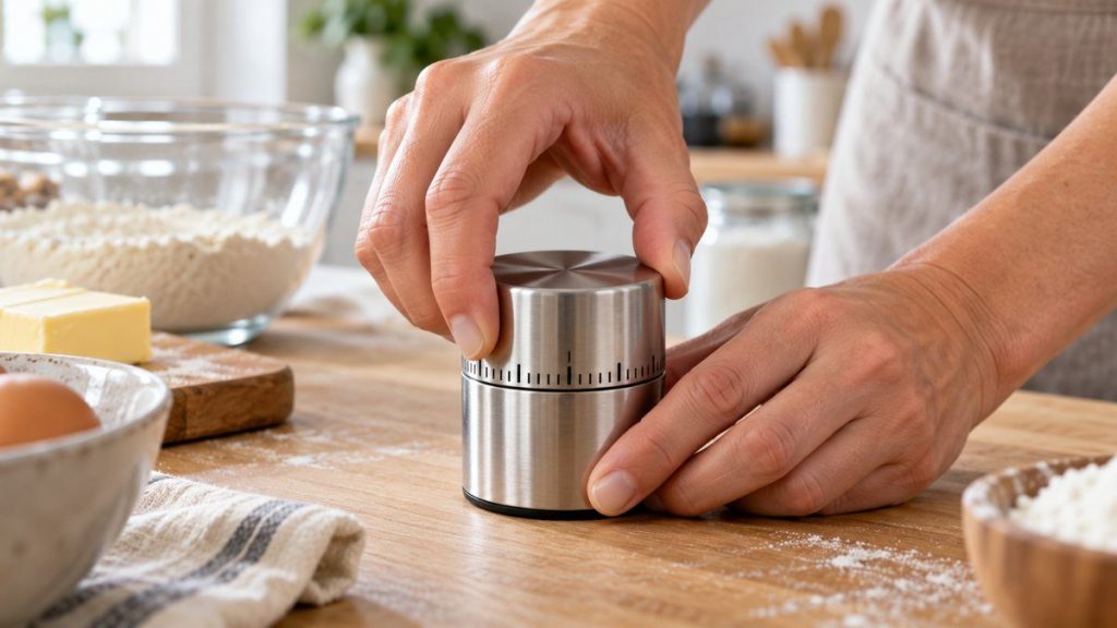 Minuteur de cuisine en situation, en gros plan