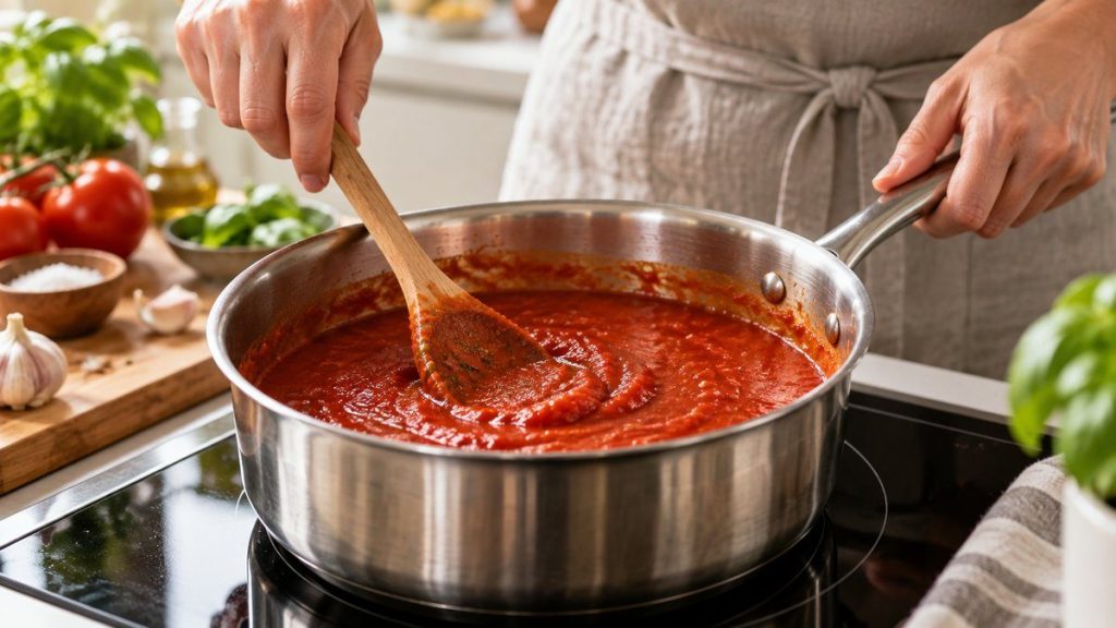 Casserole à sauce en situation, en gros plan