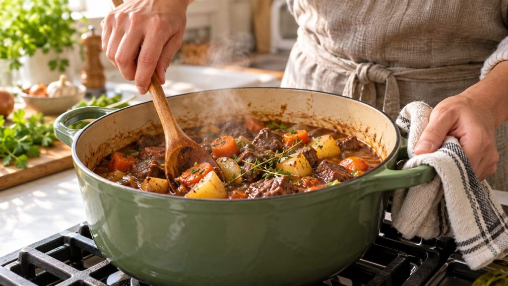 Cocotte en fonte en situation, en gros plan