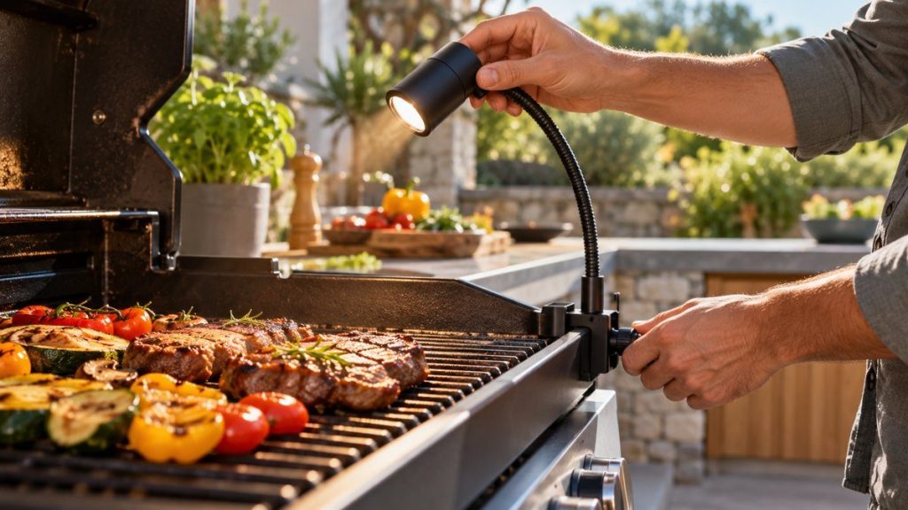 Lampe barbecue en situation, en gros plan