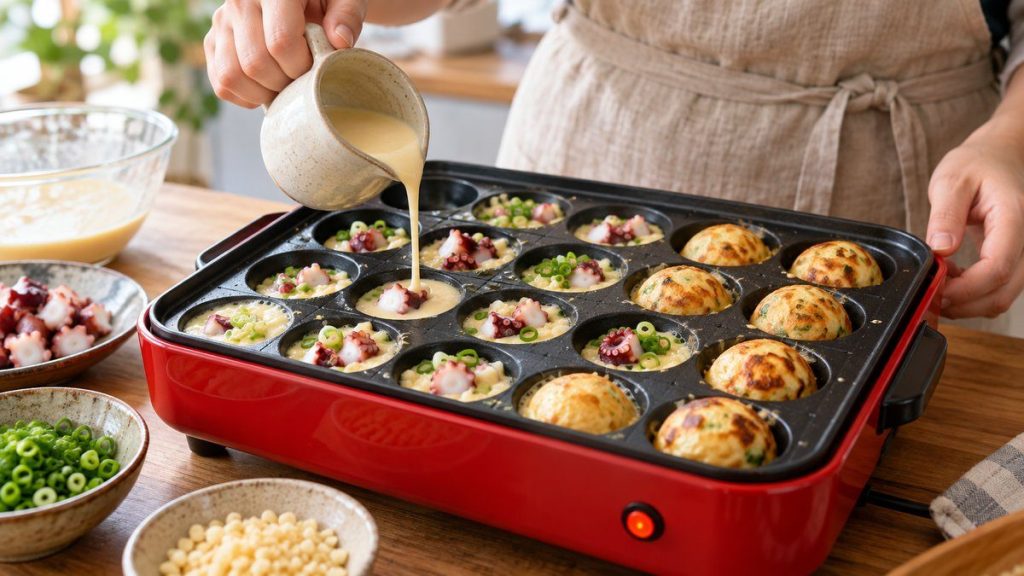 Machine à takoyaki en situation, en gros plan