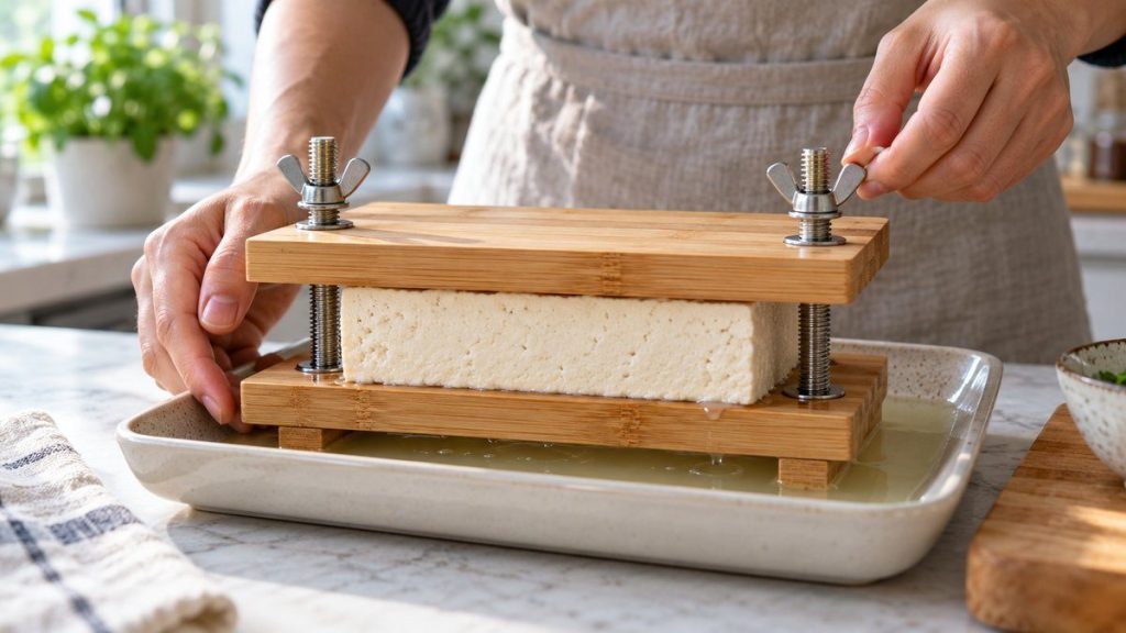 Presse à tofu en situation, en gros plan