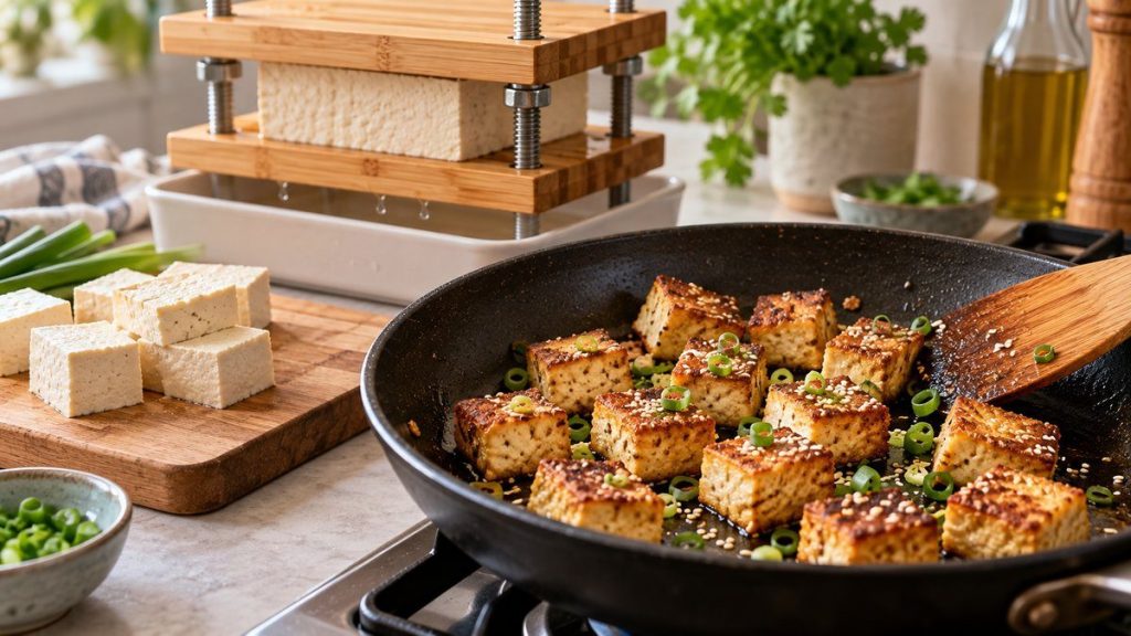 Presser et cuire un tofu croustillant