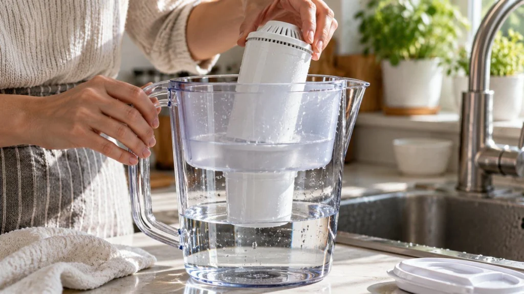 Filtre à eau en situation, en gros plan