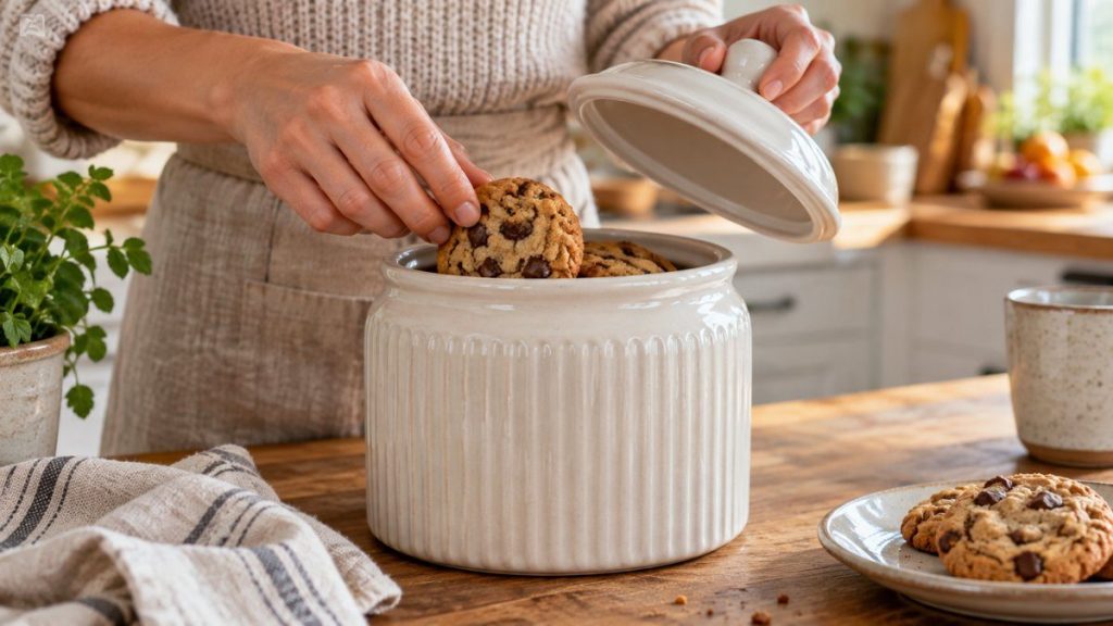 Pot à biscuits en situation, en gros plan