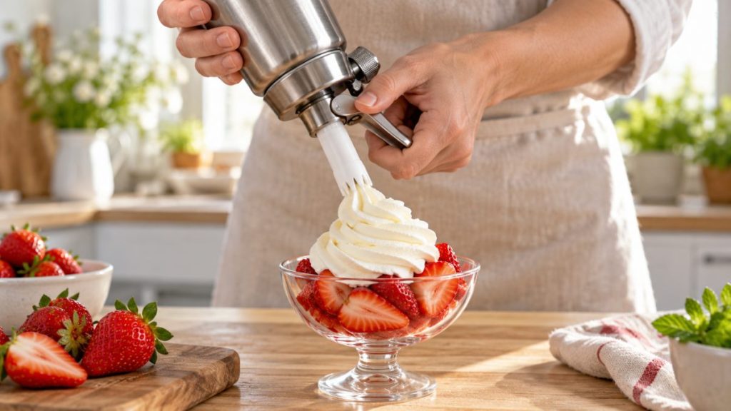 Siphon à chantilly en situation, en gros plan