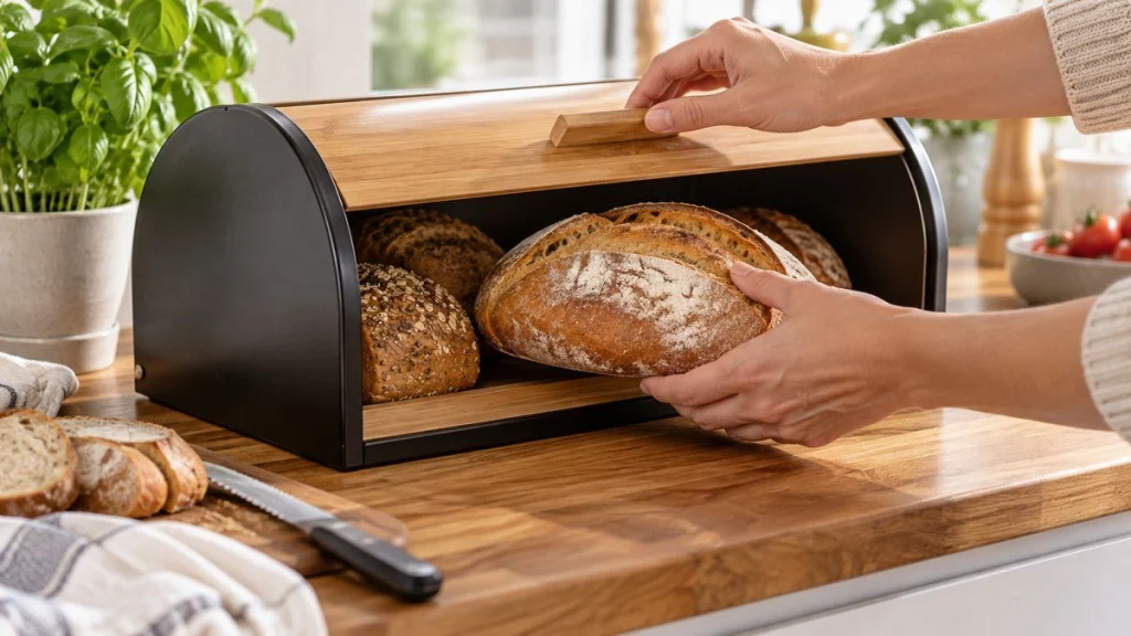 Boîte à pain en situation, en gros plan