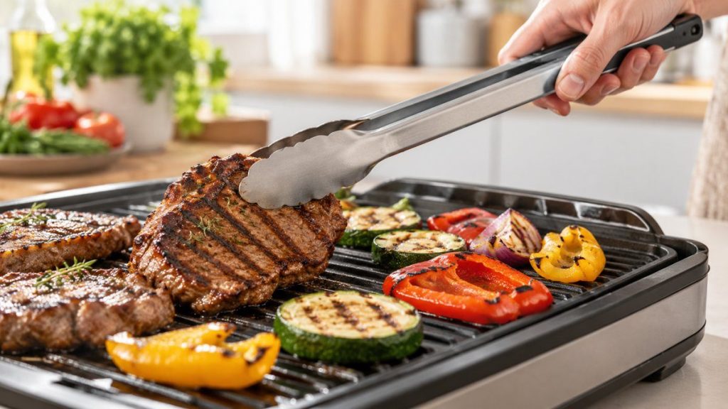 Pince à barbecue en situation, en gros plan