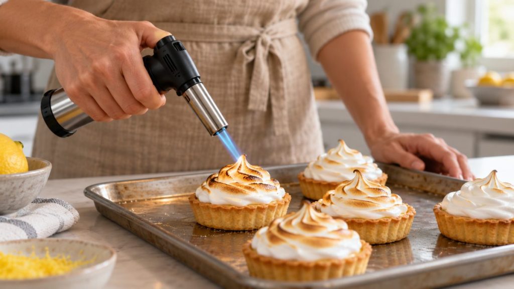 Chalumeau de cuisine en situation, en gros plan