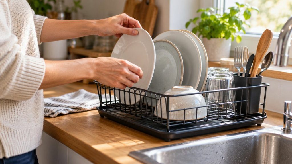 Égouttoir à vaisselle en situation, en gros plan