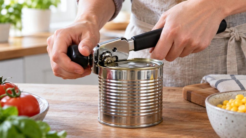 Ouvre-boîte en situation, en gros plan