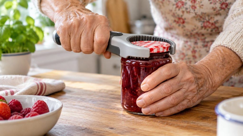 Ouvre-bocal pour personnes âgées en situation, en gros plan