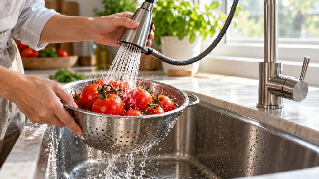 Robinet de cuisine en situation, en gros plan