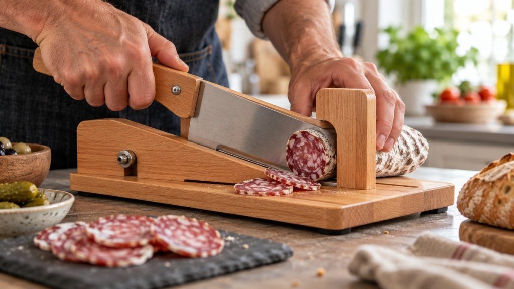Guillotine à saucisson en situation, en gros plan