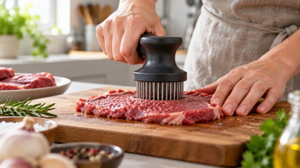 Attendrisseur de viande en situation, en gros plan