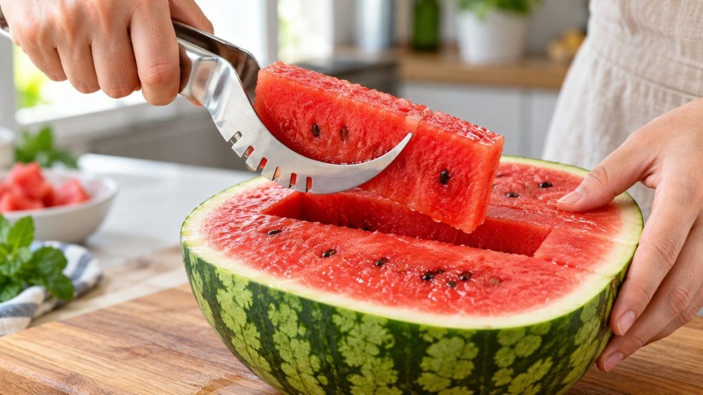 Coupe pastèque en situation, en gros plan