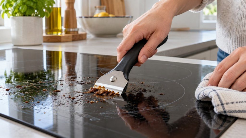 Grattoir plaque de cuisson en situation, en gros plan