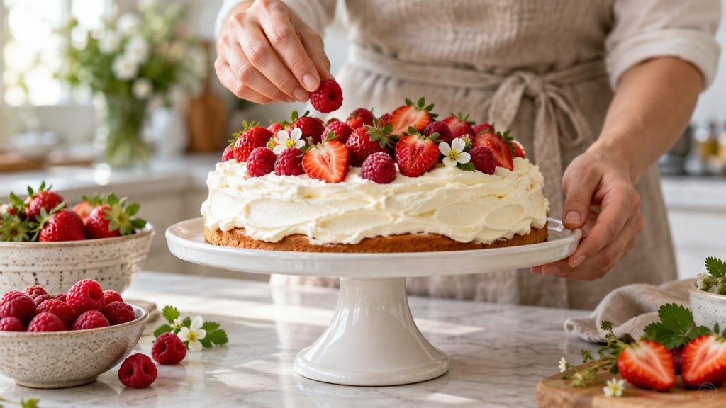 Présentoir à gâteaux en situation, en gros plan