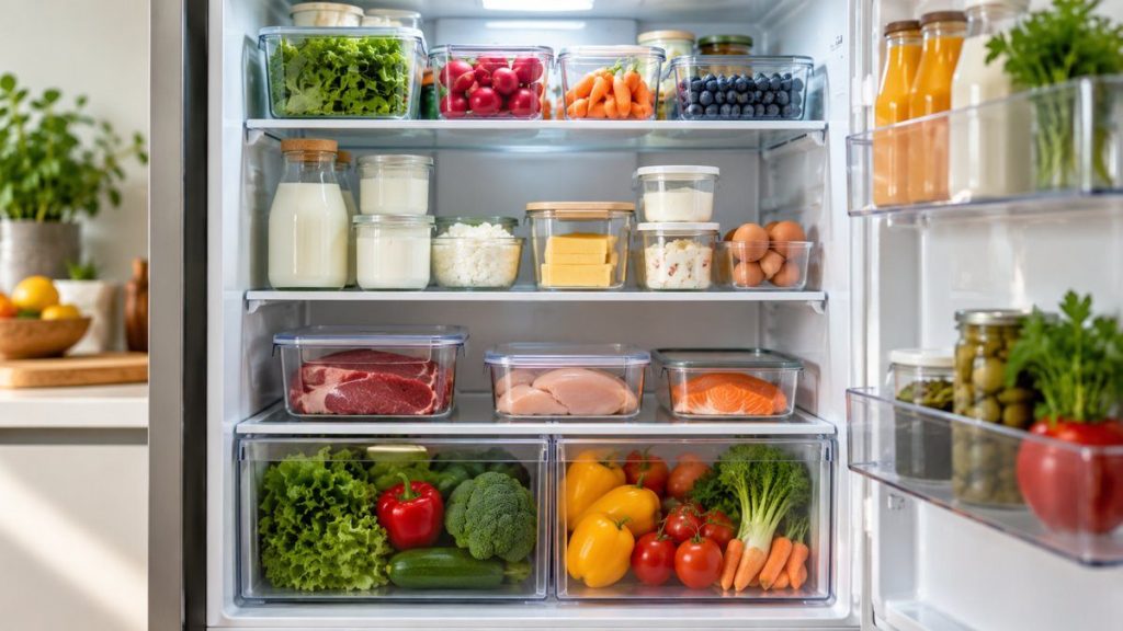 Rangement pour réfrigérateur en situation, en gros plan