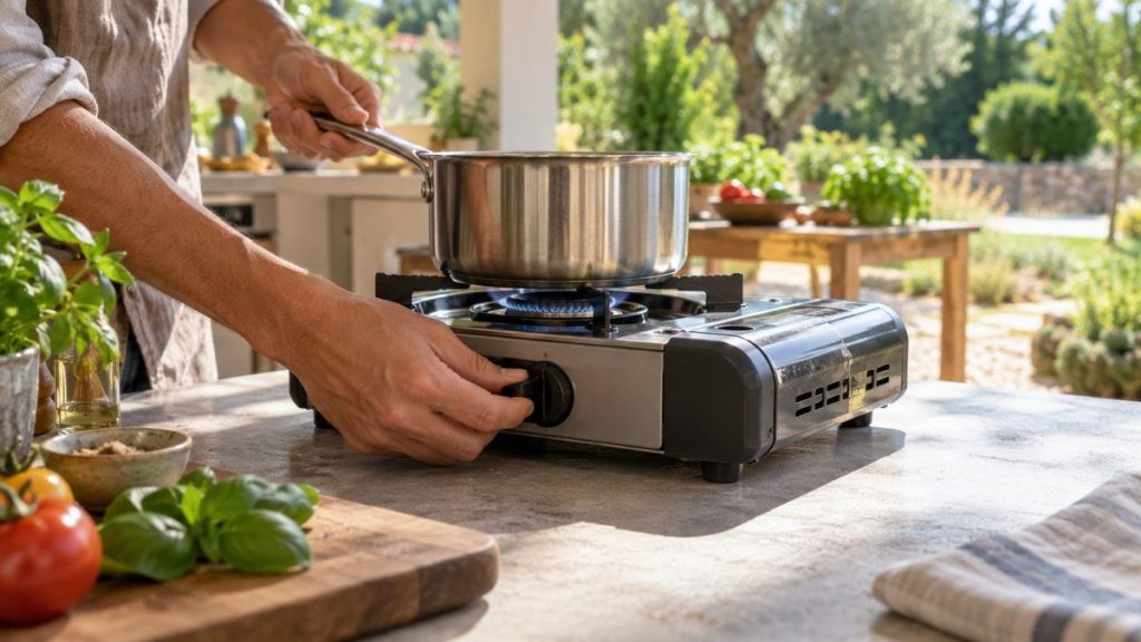 Réchaud à gaz en situation, en gros plan
