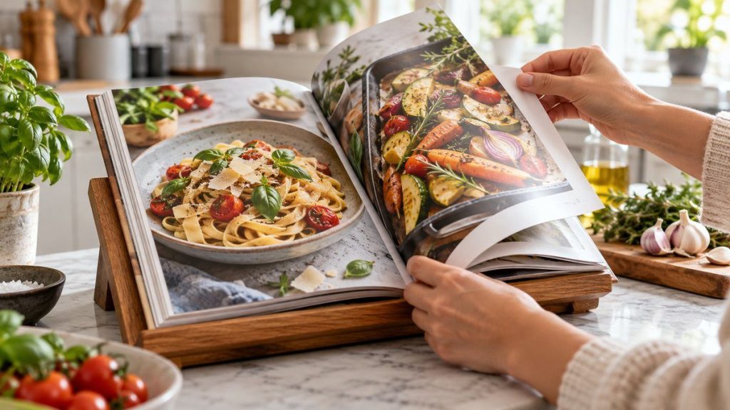 Support livre de cuisine en situation, en gros plan