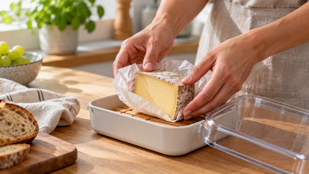 Boîte à fromage en situation, en gros plan