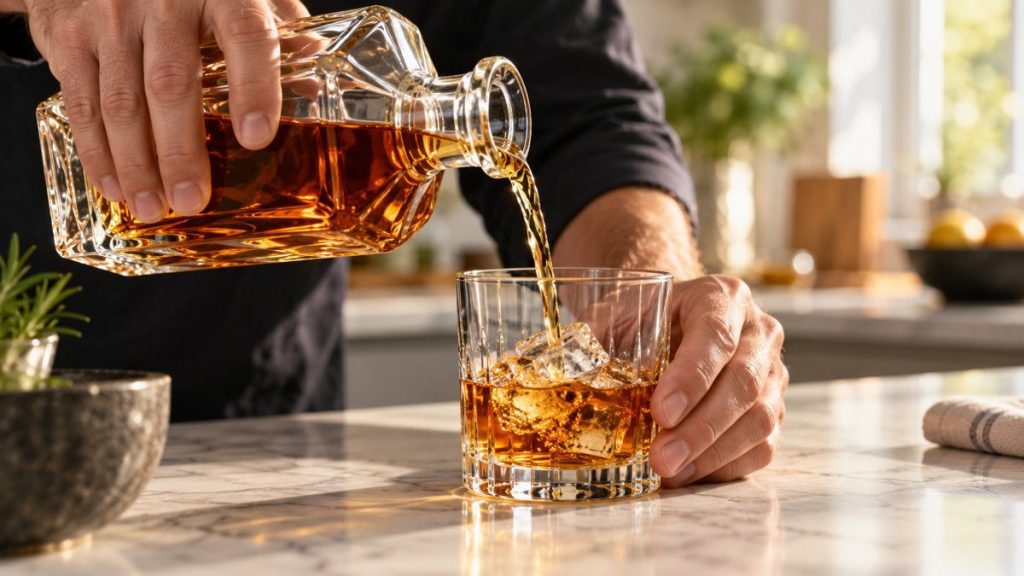 Carafe à whisky en situation, en gros plan