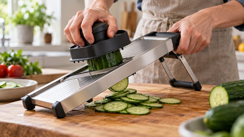 Mandoline de cuisine en situation, en gros plan