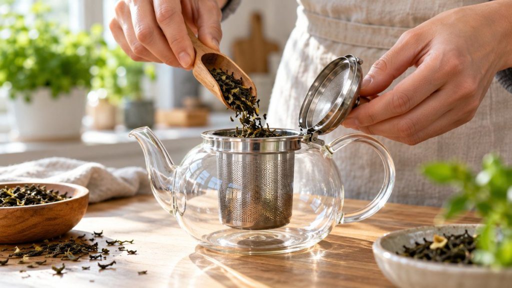 Théière avec infuseur en situation, en gros plan