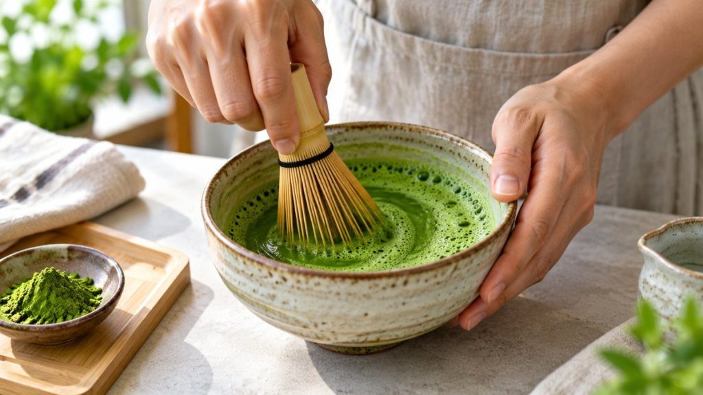Fouet matcha en situation, en gros plan