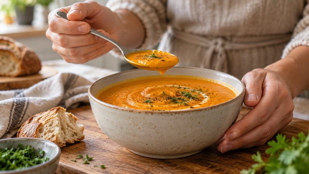 Cuillère à soupe en situation, en gros plan