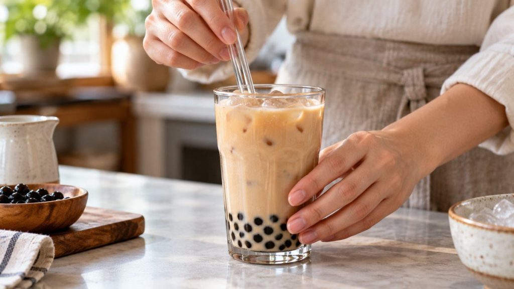 Paille bubble tea réutilisable en situation, en gros plan